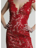 A-line V Neckline Red Lace Prom Dress